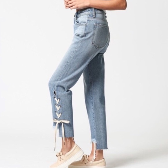 Hidden Light Wash Straight Leg Ankle Tie Boyfriend Jeans - Picture 2 of 6